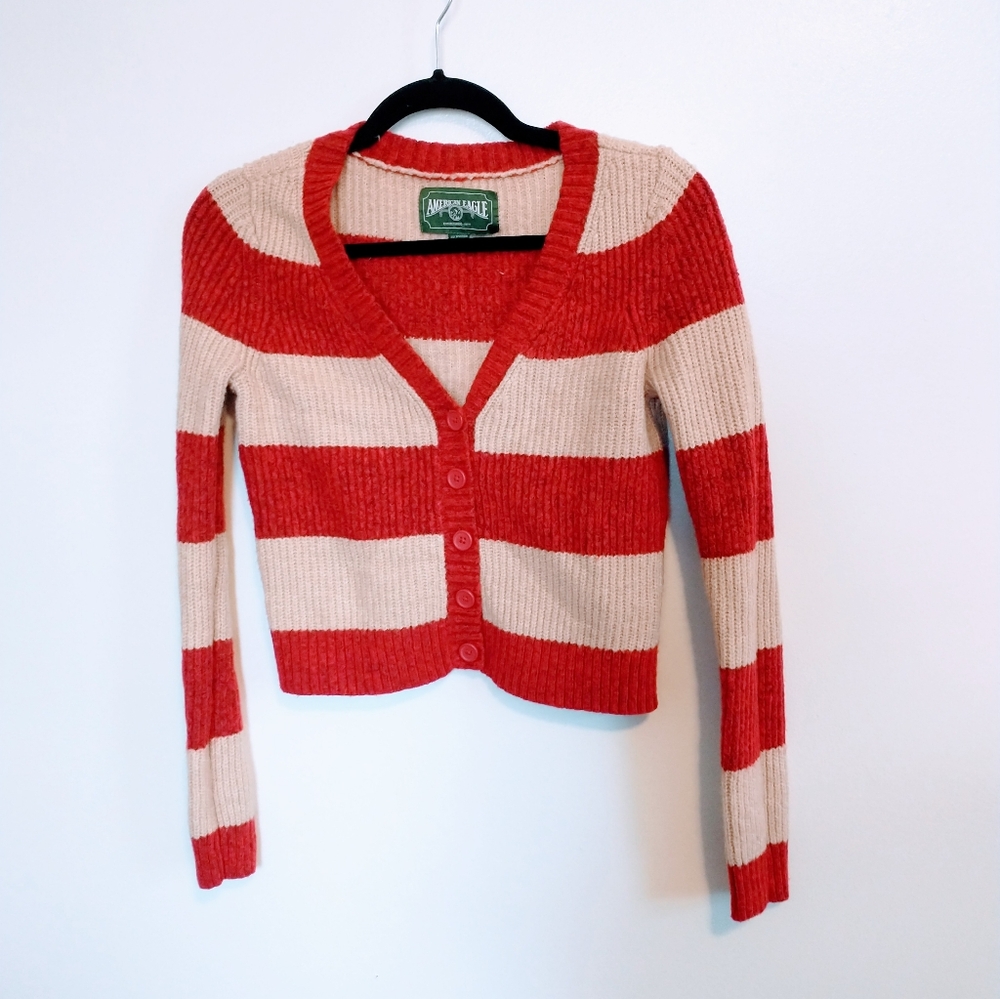 American eagle red and cream ribbed striped cropped cardigan with button front s
